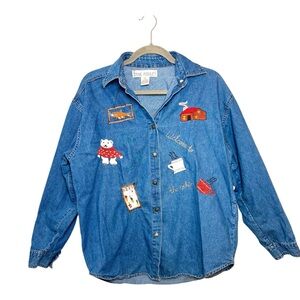 Vintage Jane Ashley Denim Cabin Embroidered Button Front Shirt Medium